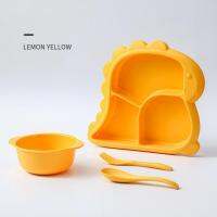 Baby Silicone Plate Set Dinosaur Plate Fork Spoon Soup Bowl Infant Toddler Anti-fall Anti-hot Grid Food Plate Baby Dinnerware