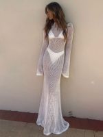 Long Sleeve Knit Beach Dress Women Sexy See Through Slim Maxi Dress Summer Elegant Solid Backless Long Dress Holiday Outfit 2023