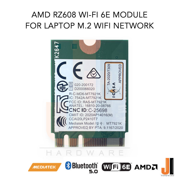amd-rz608-wi-fi-6e-module-card-for-notebook-wifi-network-wireless-lan-bluetooth-v-5-0-dual-band-2-4ghz-6ghz-80mhz-speed-1-2-gbps-ของใหม่มีการรับประกัน