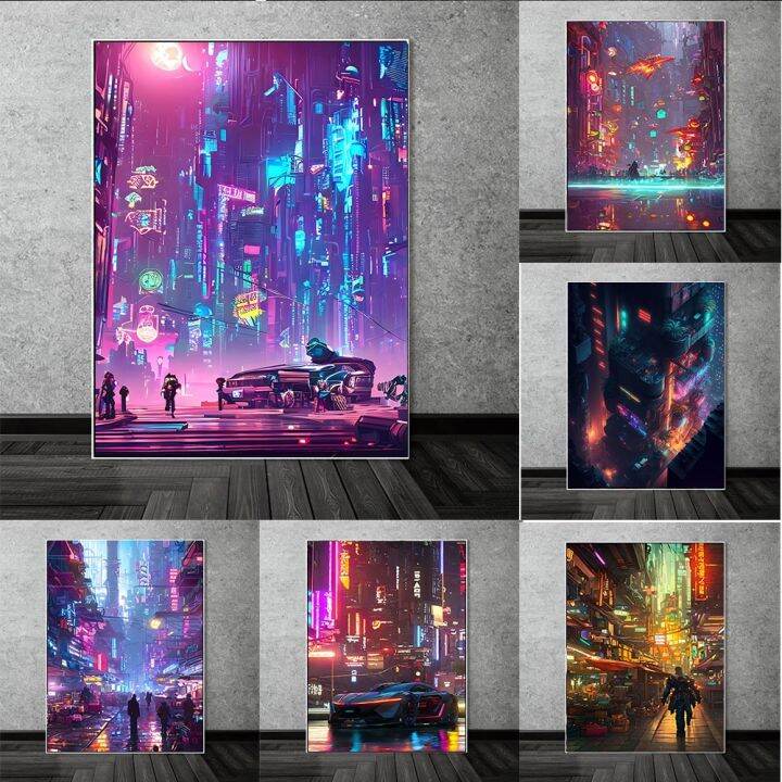 future-neon-city-night-scenery-ภาพวาดผ้าใบ-wall-art-cyberpunk-tone-ภูมิทัศน์พิมพ์โปสเตอร์สำหรับห้องนั่งเล่นตกแต่งบ้านของขวัญ-new