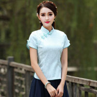 Sheng Coco Chinese Clothes Tops Traditional Style Cheongsam Tops Qipao Summer Short Jacquard Cotton Tang Costume Vetement Shirt