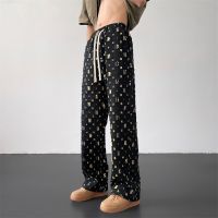 Apricot Black Plaid Pants Men Fashion Retro Hollow Out Pants Men Streetwear Hip-Hop Loose Hole Straight Pants Mens Trousers