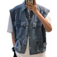 ผู้ชาย Denim เสื้อกั๊กสีทึบ Turndown Collar หลวม Streetwear Hip Hop Single Breasted Cargo Waistcoat สำหรับสวมใส่ทุกวัน