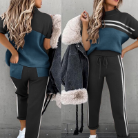 Ladies New Casual O-neck Loose Sports Pocket Color Matching 2021 Summer Fashion Stitching Trousers Y2K With Pocket Suit Women