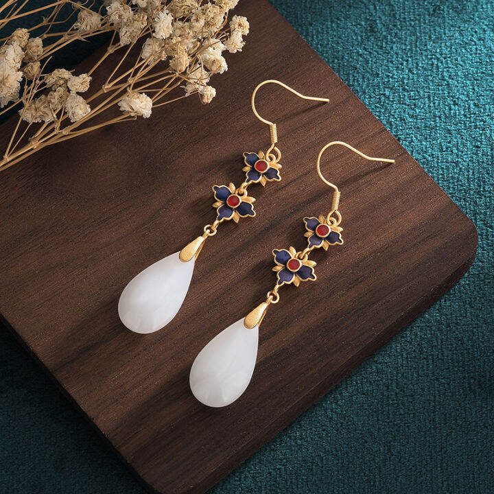 Her Lab Jewelry เครื่องประดับใหม่ต่างหูต่างหูระย้าหยกหยกโบราณเคลือบ