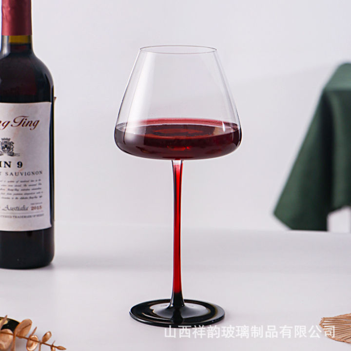 แก้วคริสตัลทรงแก้วไวน์แก้วไวน์แดงเน็กไทสีดำและสีแดงเบอร์กันดีแก้วไวน์เกรดสูงก้านสีแดงด้านล่าง-gobletqianfun-สีดำ