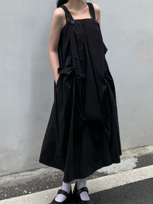 XITAO Black Dress Irregular Solid Color Pocket Goddess Fan Casual Loose Dress