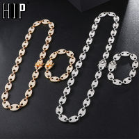 HIP HOP 1kit Bling Multicolor Coffee Bean Iced Out CZ Pig Nose Rhinestone Charm Link Chain Necklaces &amp; Bracelet for Men Jewelry