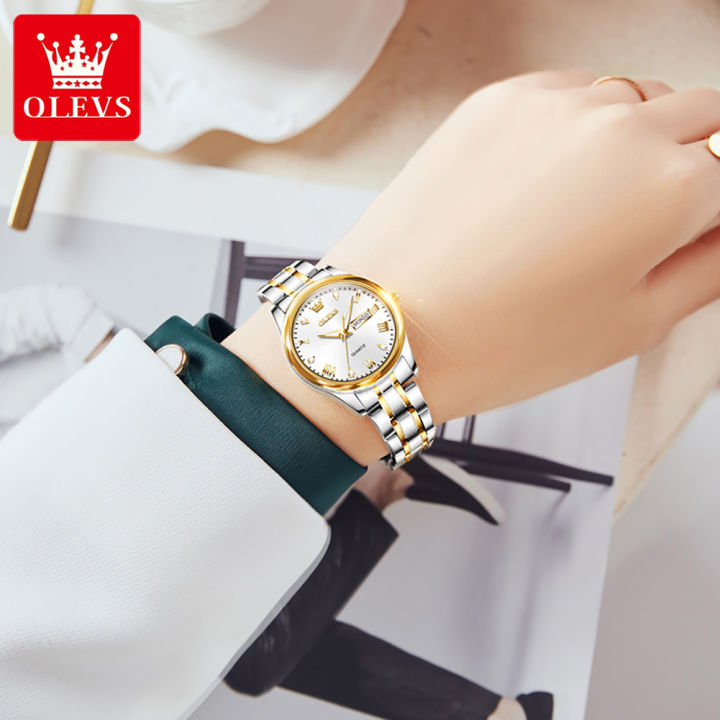 olevs-นาฬิกาผู้หญิง2023กันน้ำแบรนแท้หรูหราเดิมของญี่ปุ่นเคลื่อนไหวปฏิทินสแตนเลสลำลอง-luminousนาฬิกาข้อมือผญทอง-ดำ-ขาว
