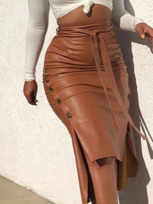 Women Trendy PU Leather Midi Skirt Solid Color High Waist Lace-up Side Button Slim Skinny Pencil Skirt for Ladies Streetwear