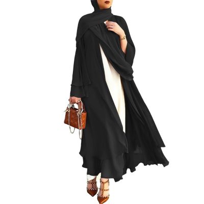มุสลิมแขนยาว Flowy Maxi เสื้อสเวตเตอร์ถักอิสลามเปิดด้านหน้า Kimono Abaya Robe ตุรกี Kaftan สีทึบ Belted หลวม Dress