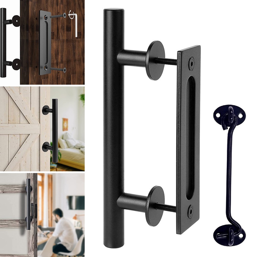 for Barn Door Gates Garages Sheds Black 12 inch Round Heavy Duty Solid Steel Gate Handle Black Barn Door Pull Handle with Latch Set 