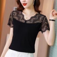 【Ready】? 2023 summer new Korean style fashion V-neck top casual T-shirt womens all-match solid color splicing foreign style lace shirt