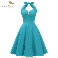 SISHION 50S Hepburn R Blue Vintage Pin Up Dress VD2828 Backless เซ็กซี่ผู้หญิง Halter Swing A Line ฤดูร้อนชุด Lace Up Back