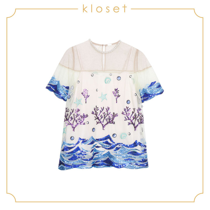 kloset-sequin-embroidered-top-rs19-t011-เสื้อผ้าผู้หญิง-เสื้อผ้าแฟชั่น-เสื้อแฟชั่น-เสื้อตาข่าย-เสื้อผ้าปัก-เสื้อปักเลื่อม