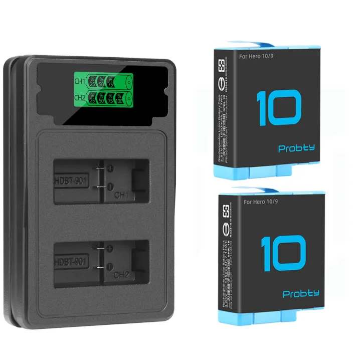 2 Pack Battery 1850mAh For GoPro Hero 10 2 Ways LED Light Battery