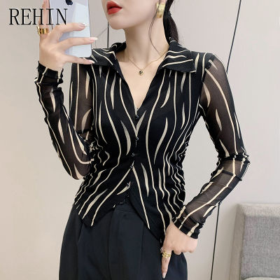 REHIN เสื้อตาข่ายแขนยาวสำหรับผู้หญิง,เสื้อเสื้อหรูหราลายทางมีสไตล์แบบเกาหลีสำหรับฤดูร้อนใหม่