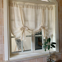 Solid Color Nordic Gauze Lifting Shading Short Curtains Faux Linen for Living Room Plaid Jacquard Window Curtain Countryside