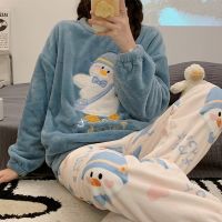 ۩ Autumn Winter Thicken Warm Flannel Women 39;s Pajamas Set Long-sleeved Trousers Two-piece Set Cute Soft Home Wear Clothes for Women