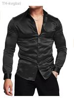 ▧○✙ Mens luxurious shiny silk satin dress sleeved casual slim muscle button-down size S-3XL