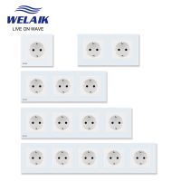 ☁™✠ WELAIK EU 16A European Wall Socket Glass Panel Wall Power Socket 80x80mm 220V White Black Socket 16A Socket Wall Outlet A18EW