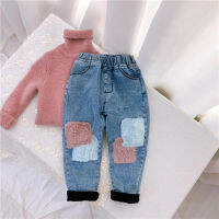 Childrens Jeans 2021 Spring Winter New Girls Plus Velvet Thick Keep Warm Pants Stitching Contrast Color Denim Trousers 2-6 Years