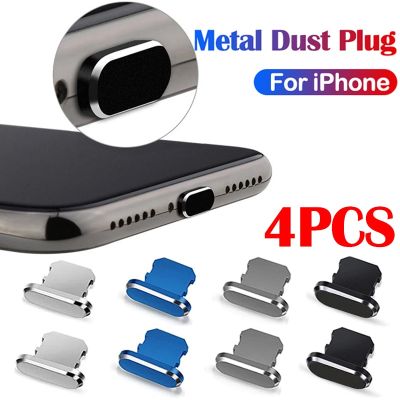 Plug Anti Debu อะลูมินัมอัลลอย4ชิ้นสำหรับ14 13 12 Pro Max 11 Mini XS 8 Plus Ipad Airpods Series ฝาครอบพอร์ตไลท์นิ่ง