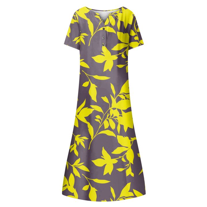 ชุดเดรสหน้าร้อนสำหรับผู้หญิงลำลองคอวีแขนสั้นมีกระดุมกระเป๋าชุดเดรสกระโปรงบานชายหาดพิมพ์ลายดอกไม้