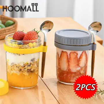 1pc Glass Overnight Oat Cup Portable Yogurt Cup With Spoon And Lid,  Breakfast Cup For Milk, Oatmeal, Cereal