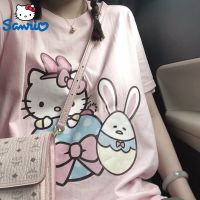 Sanrio เสื้อยืดแขนสั้นพิมพ์ลายการ์ตูนน่ารักสีชมพู,เสื้อนักเรียนตัวหลวมเสื้อยืดฤดูร้อนใหม่