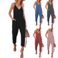 Women Loose Jumpsuits Summer Deep V Neck Sleeveless Slip Pocket Wide Leg Pant Overalls Female Solid Long Trousers MQQM2253