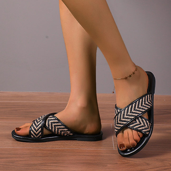 รองเท้าแตะชายหาดของผู้หญิงย้อนยุคผ้าสานแบบลำลองเปิดนิ้วเท้ากันลื่น-รองเท้าแตะระบายอากาศรองเท้าแตะรองเท้าฤดูหนาวของผู้หญิง2021รองเท้าโลฟเฟอร์สลิปเปอร์รองเท้าผู้หญิงชุดเสื้อคลุมและรองเท้าแตะ