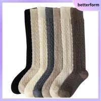 BETTERFORM ผ้าคอตตอน ถุงเท้ายาวผ้าฝ้ายผู้หญิงสีทึบ เรโทร อบอุ่นและอบอุ่น ถุงเท้าสูงถึงต้นขา ใช้งานได้จริง ระบายอากาศในอากาศ ถุงเท้าข้อเข่าลำลองสตรีทแฟชั่น