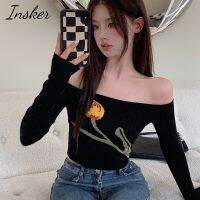 Insker- เสื้อแขนยาว เปิดไหล่ข้างเดียว ผ้าถัก ทรงสลิมฟิต แฟชั่นฤดูใบไม้ร่วง สําหรับผู้หญิง V723✆