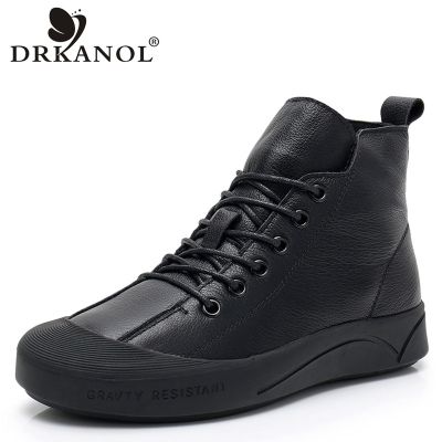 DRKANOL New Autumn Winter Women Boots 2021 Soft Genuine Cow Leather Lace Up Flat Ankle Boots For Women Short Plush Warm Shoes