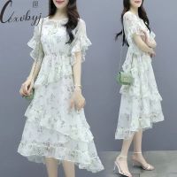 【CC】 Beach Fashion Sleeve Round Neck Waist Floral Vestidos