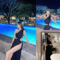 ดำ ? SLYQ MIAMI SPLIT SIDE DRESS เดรสยาวเปิดไหล่เอวเว้าผ่าข้างสูง