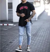 กางเกงยีนส์ทรงสกินนี่แบบสบายๆ Ripped Denim กางเกงข้อเท้าความยาวซิป Fly เสื้อผ้าผู้ชายคาวบอยตัดกางเกงดินสอ Streetwear Light Blue