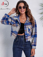 Casual Wool Plaid Jacket Women Turn Down Collar Fashion Coat With Pockets Spring Autumn Long Sleeve Ladies Jackets Coats