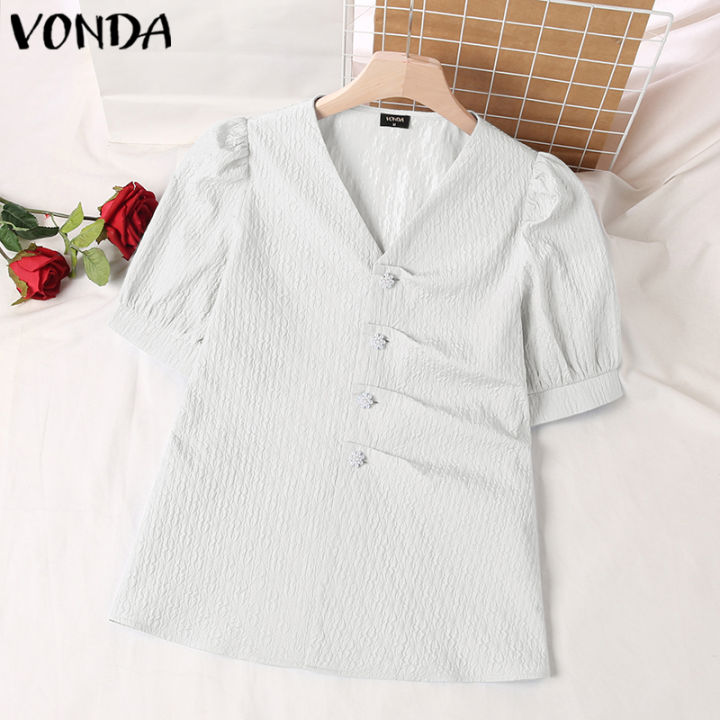 จัดส่งฟรี-fancystyle-vonda-women-s-elegant-v-collar-tops-solid-simple-short-sleeve-casual-blouses