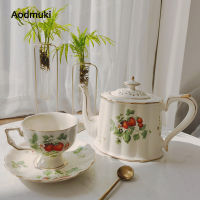 European Style Coffee Mug and Saucer Set Gold Strawberry Pattern Ceramic Kettle Afternoon Tea Cup Set Dessert Plate Cake Pan