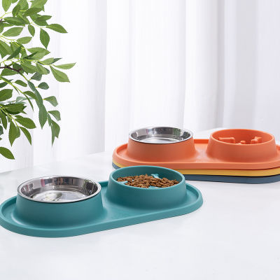 New Anti-Silicone Pet Slow Food Bowl Anti-Upset Anti-Choking Double Bowl Automatic Cat And Dog Feeder Stainless Steel