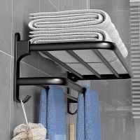 Towel Rack Punch Free Folding Holder Towel Hanger Bathroom Accessories Wall Mount Shower Hanger With Hook Black Bathroom Shelf