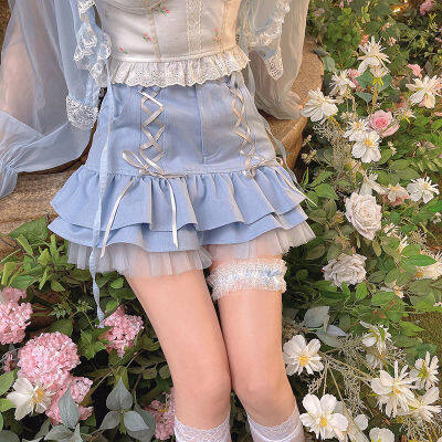 ‘；’ New Kawaii Mini Skirt Women Summer Casual Designer Elegant Lolita  Skirt High Waist Lace Bandage Y2k Sweet Skirt