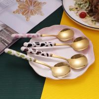 Kitchen Tool Fashion Stainless Steel Soup Spoon Milk Pattern Ceramic handle European Kitchen Tableware 4PCS Serving Utensils