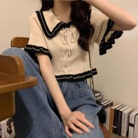 Short-Sleeved T-Shirt For Women In Summer Unique French Chic Short Top Design Niche Ruffled Doll Collar Sweater