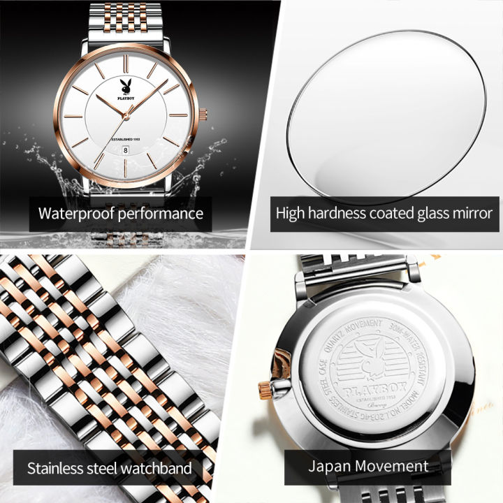 playboyนาฬิกาข้อมือสุดหรูสำหรับผู้ชาย-นาฬิกาควอตซ์สเตนเลสสตีลสุดเท่ห์กันน้ำนำเข้าจากญี่ปุ่นของแท้2021