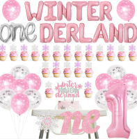 Cheenveal ฤดูหนาว Onederland 1st Birthday Girl ตกแต่งฤดูหนาว Wonderland Party ตกแต่งสีชมพู,Snowflake 1st Birthday Girl ตกแต่งเกล็ดหิมะ Highchair แบนเนอร์สำหรับฤดูหนาววันเกิด Baby Shower