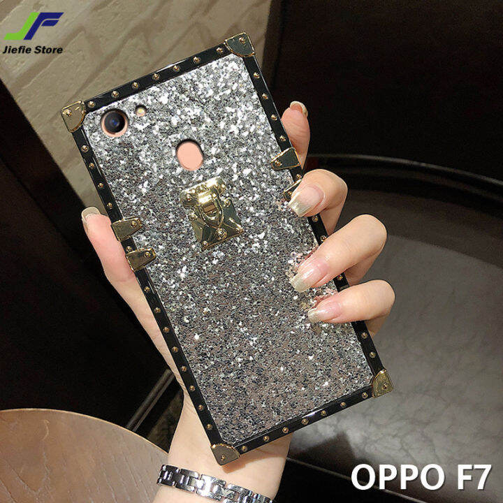 jiefie-เคสโทรศัพท์-oppo-f7-เคสกันกระแทกชุบโครเมียมสี่เหลี่ยมผงแฟลชสำหรับโทรศัพท์