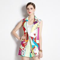 Early Autumn New Womens Clothing Color Matching Suit Collar Vest Coat Shorts Temperament Twinset